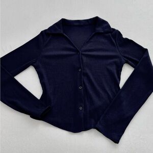 Navy Blue Ribbed Button-Up Top